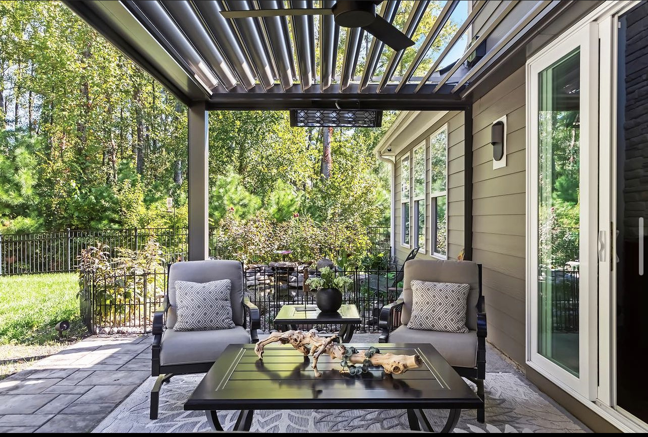 Under pergola open louvers with fan view, showing motorized patio covers